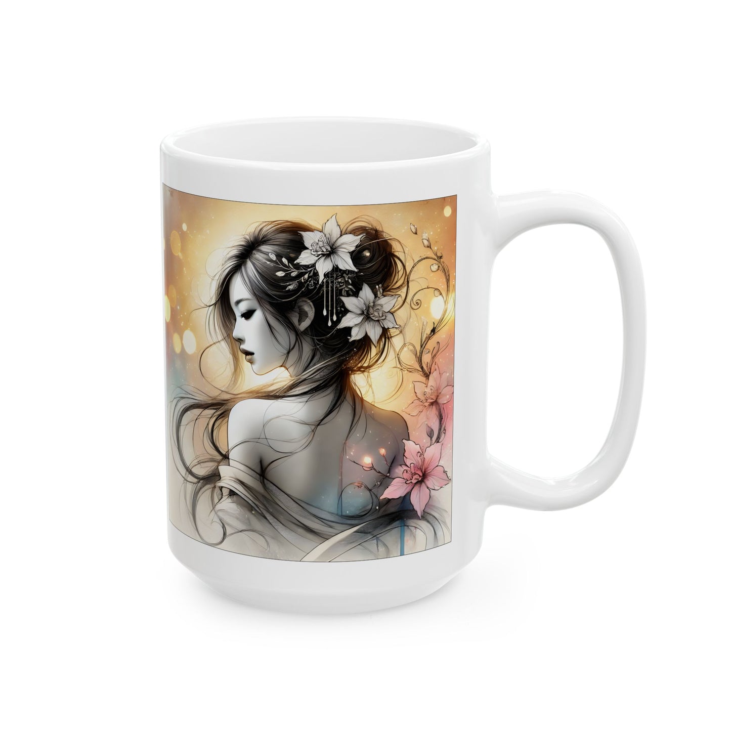 Romantic Anime Mug – Grayscale Woman with Flowers, Elegant Feminine Coffee Cup Gift for Her, Serene Art for Quiet Moments