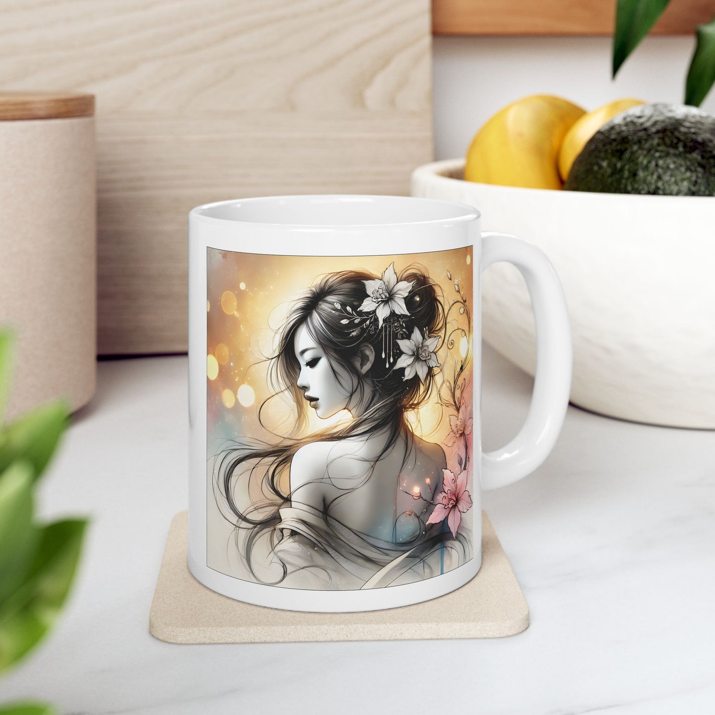 Romantic Anime Mug – Grayscale Woman with Flowers, Elegant Feminine Coffee Cup Gift for Her, Serene Art for Quiet Moments