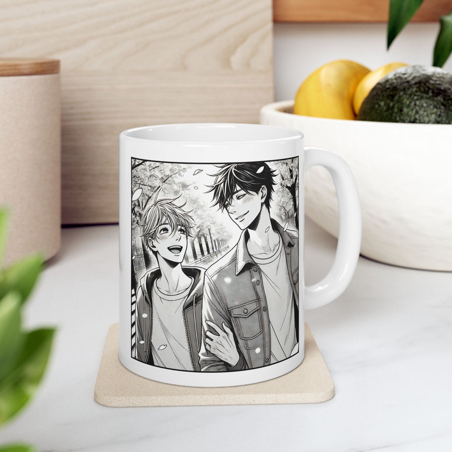Yaoi Manga Mug – Black and White Boys Love Coffee Cup, Aesthetic Yaoi Gift for LGBTQ Readers and Monochrome Manga Art Fans
