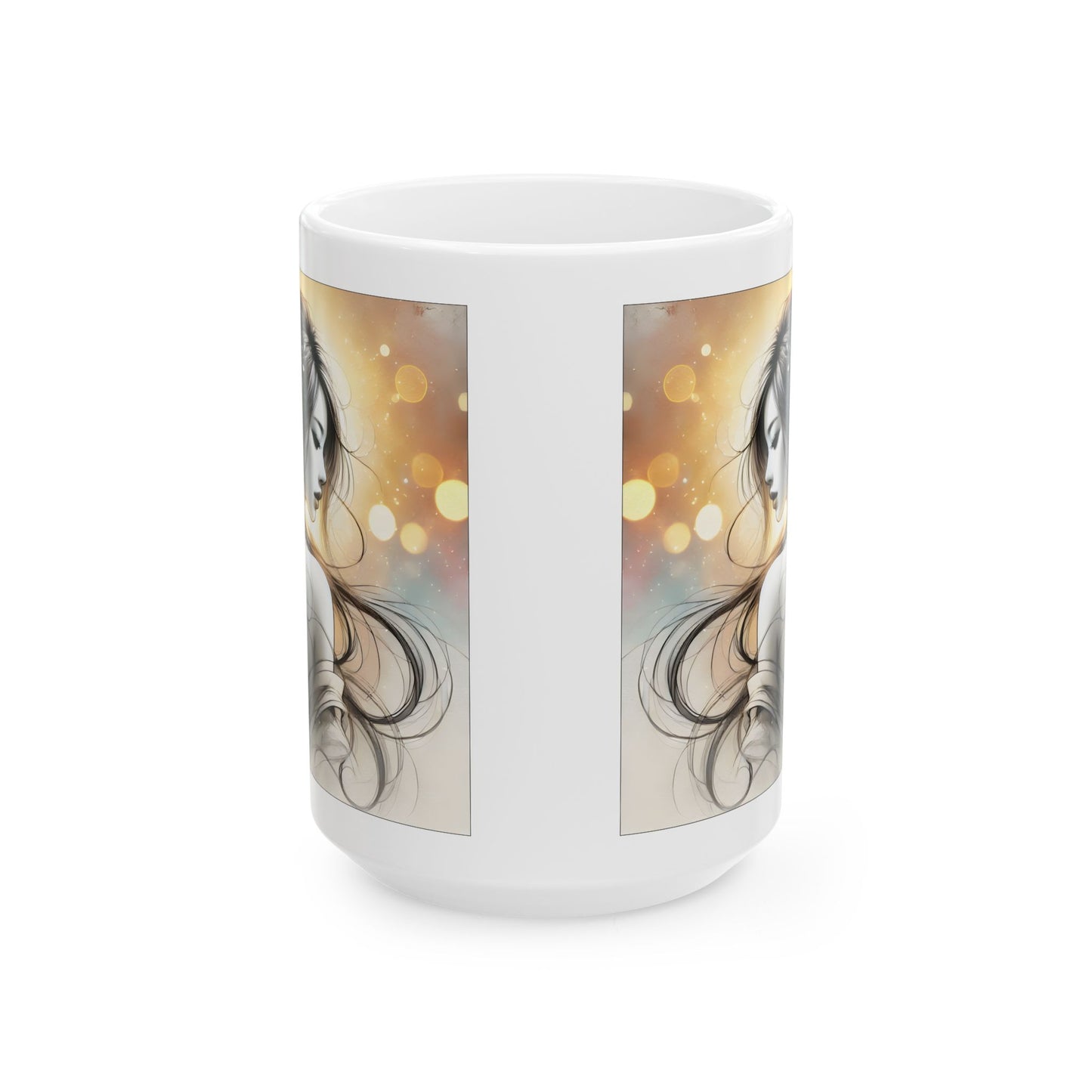 Romantic Anime Mug – Grayscale Woman with Flowers, Elegant Feminine Coffee Cup Gift for Her, Serene Art for Quiet Moments