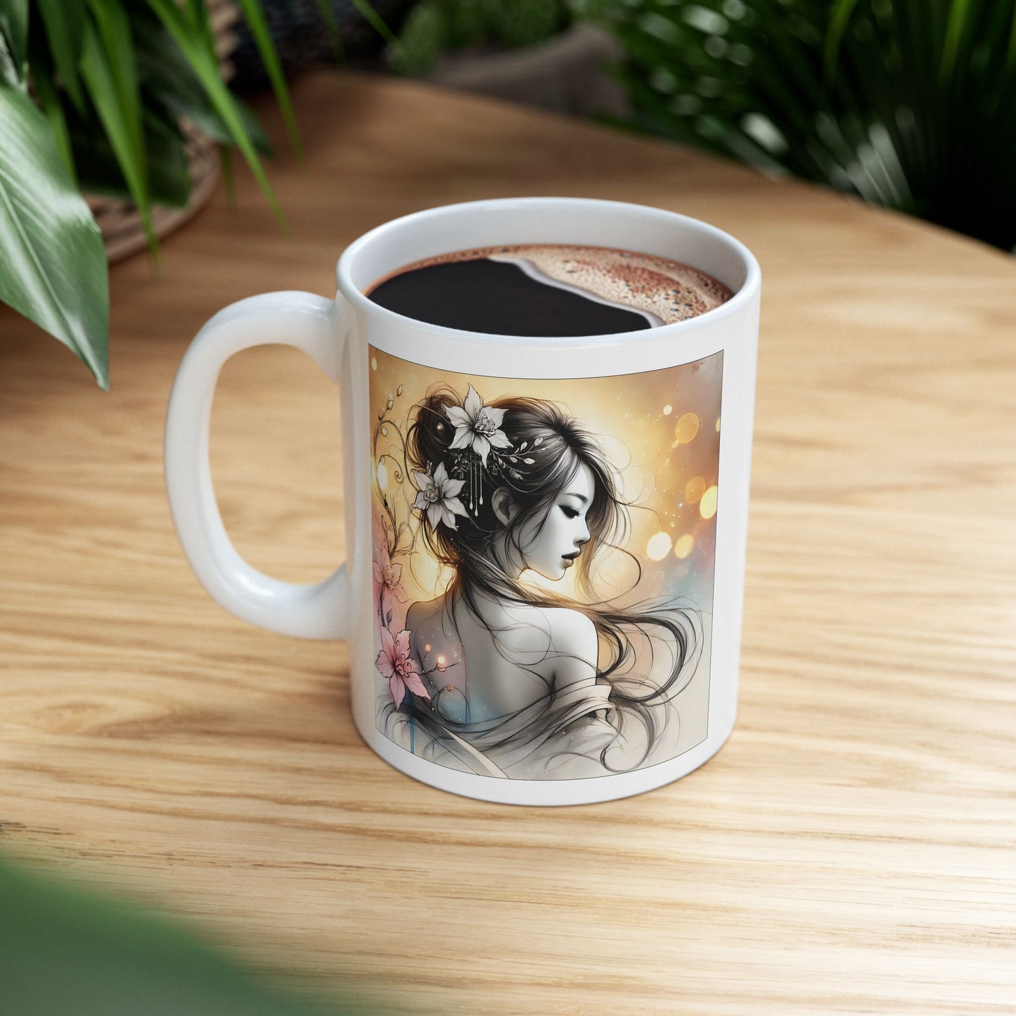 Romantic Anime Mug – Grayscale Woman with Flowers, Elegant Feminine Coffee Cup Gift for Her, Serene Art for Quiet Moments