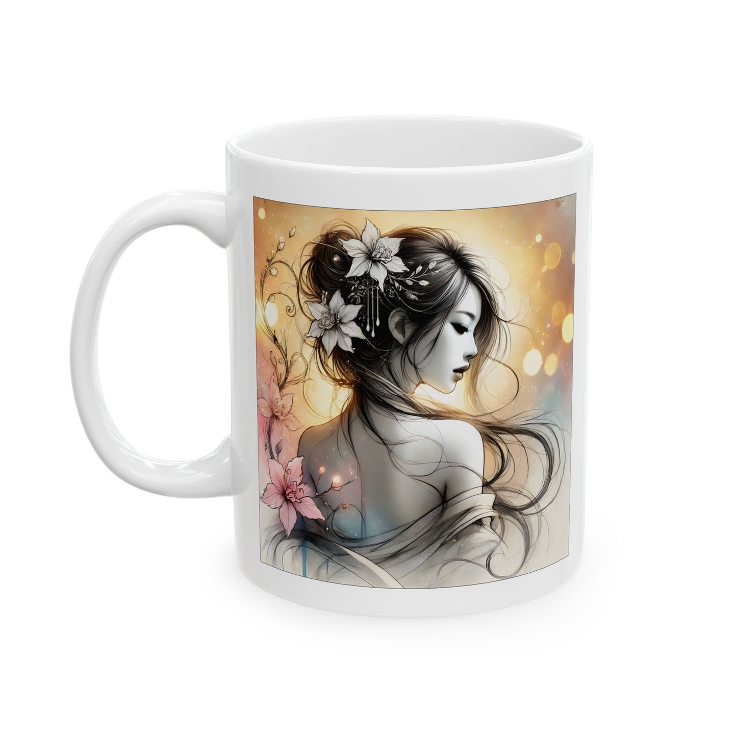 Romantic anime mug featuring a soft, ethereal illustration of a dreamy anime girl with flowing hair and floral hairpieces, set against a glowing golden bokeh background.