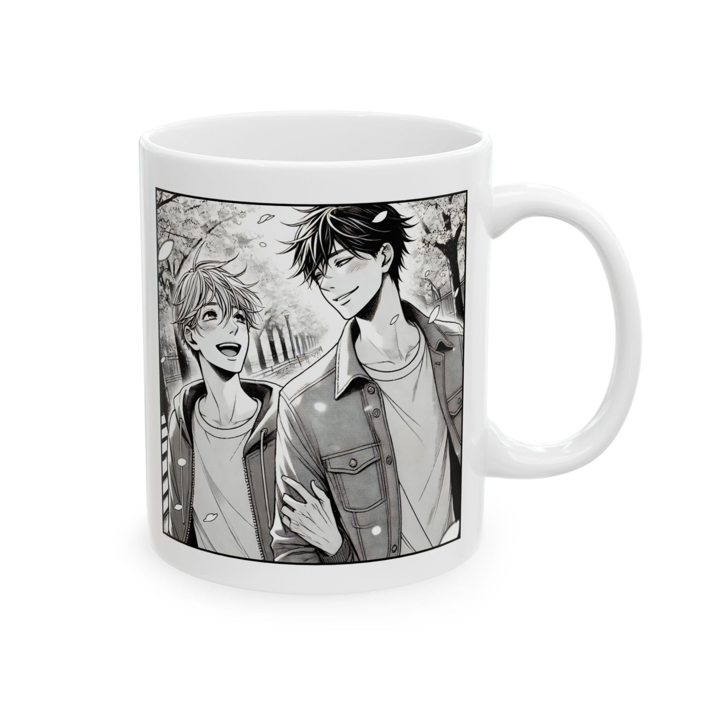 Yaoi manga mug featuring two smiling boys walking under cherry blossoms in a soft grayscale illustration — perfect for BL and slice-of-life lovers.