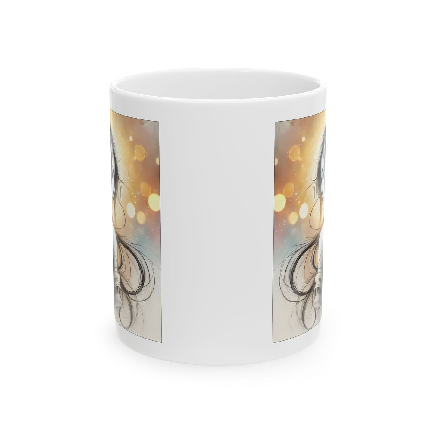 Romantic Anime Mug – Grayscale Woman with Flowers, Elegant Feminine Coffee Cup Gift for Her, Serene Art for Quiet Moments