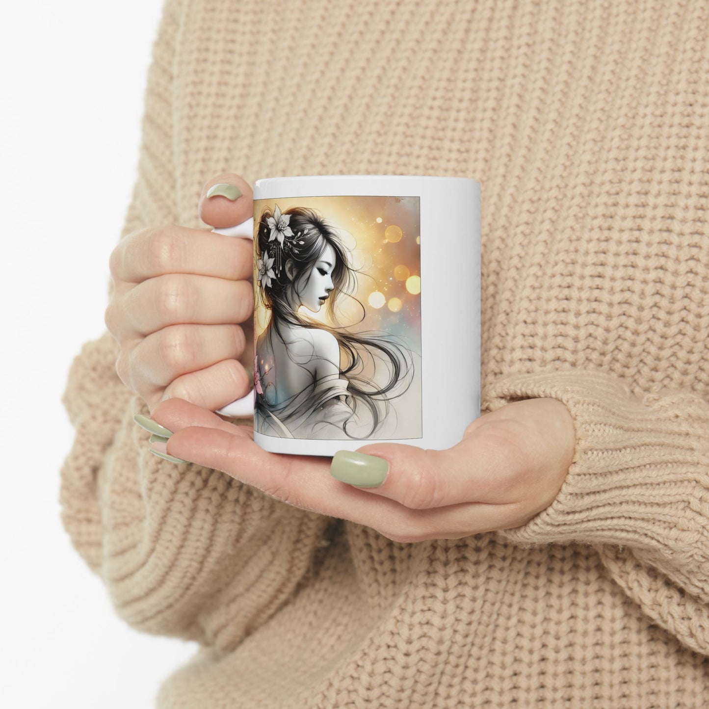Romantic Anime Mug – Grayscale Woman with Flowers, Elegant Feminine Coffee Cup Gift for Her, Serene Art for Quiet Moments