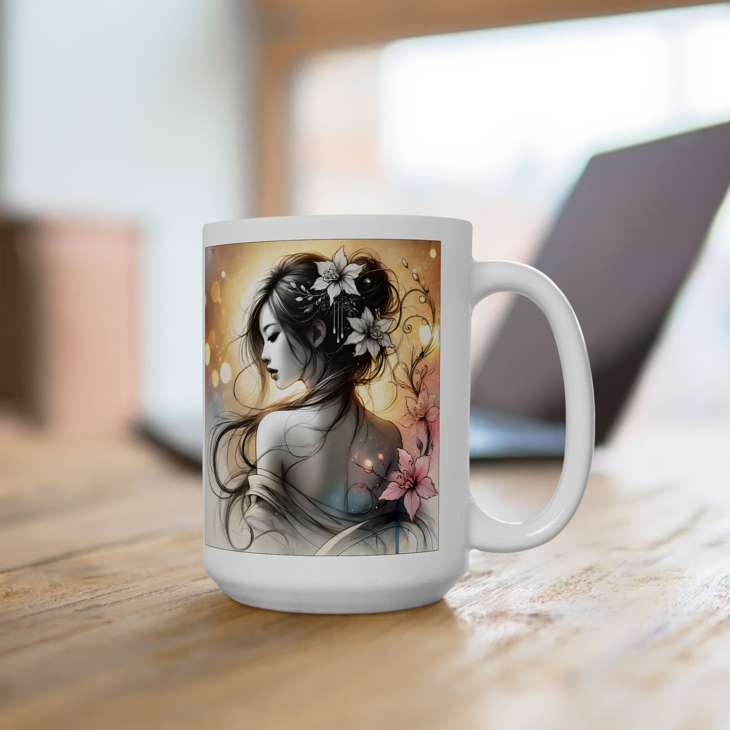 Romantic Anime Mug – Grayscale Woman with Flowers, Elegant Feminine Coffee Cup Gift for Her, Serene Art for Quiet Moments