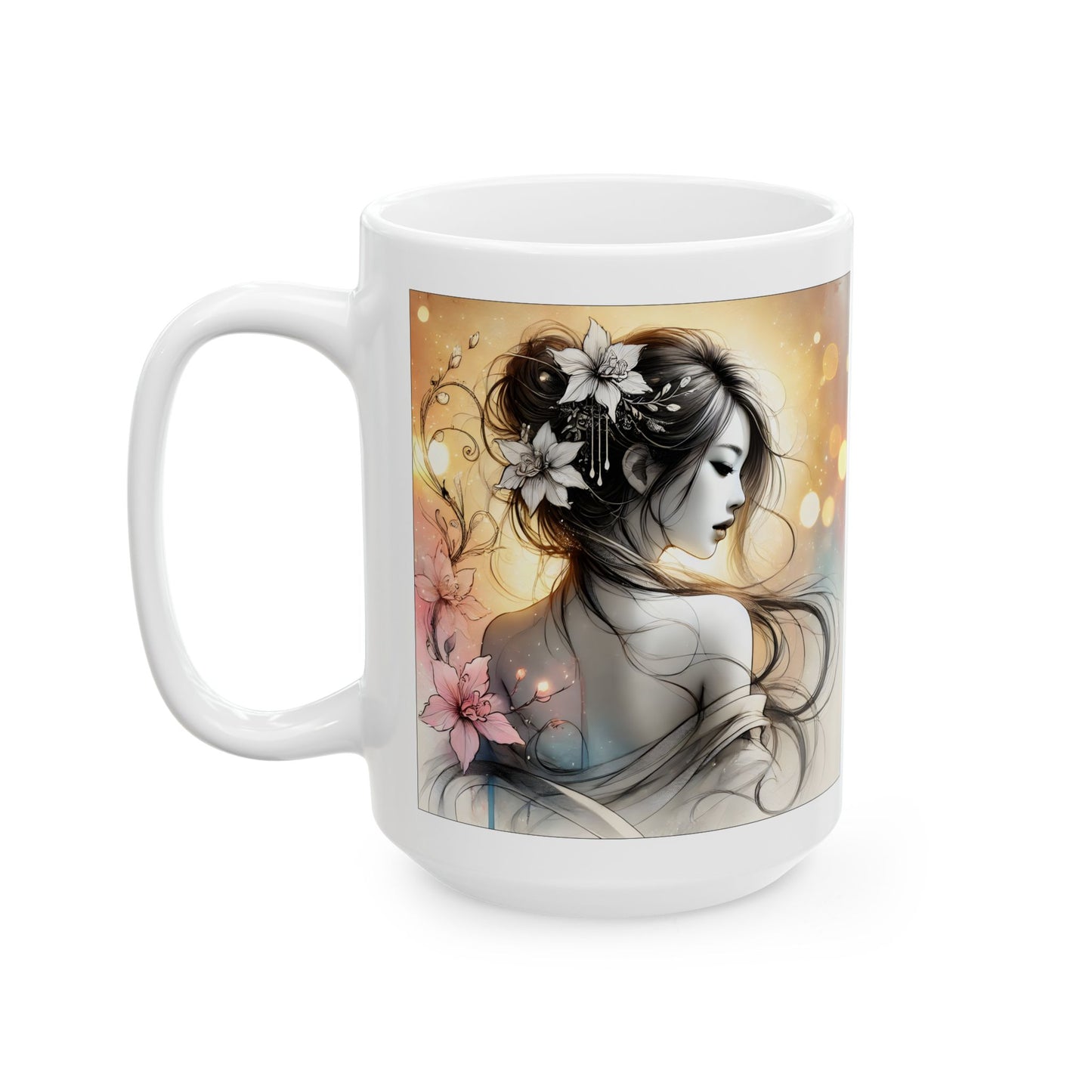 Romantic Anime Mug – Grayscale Woman with Flowers, Elegant Feminine Coffee Cup Gift for Her, Serene Art for Quiet Moments