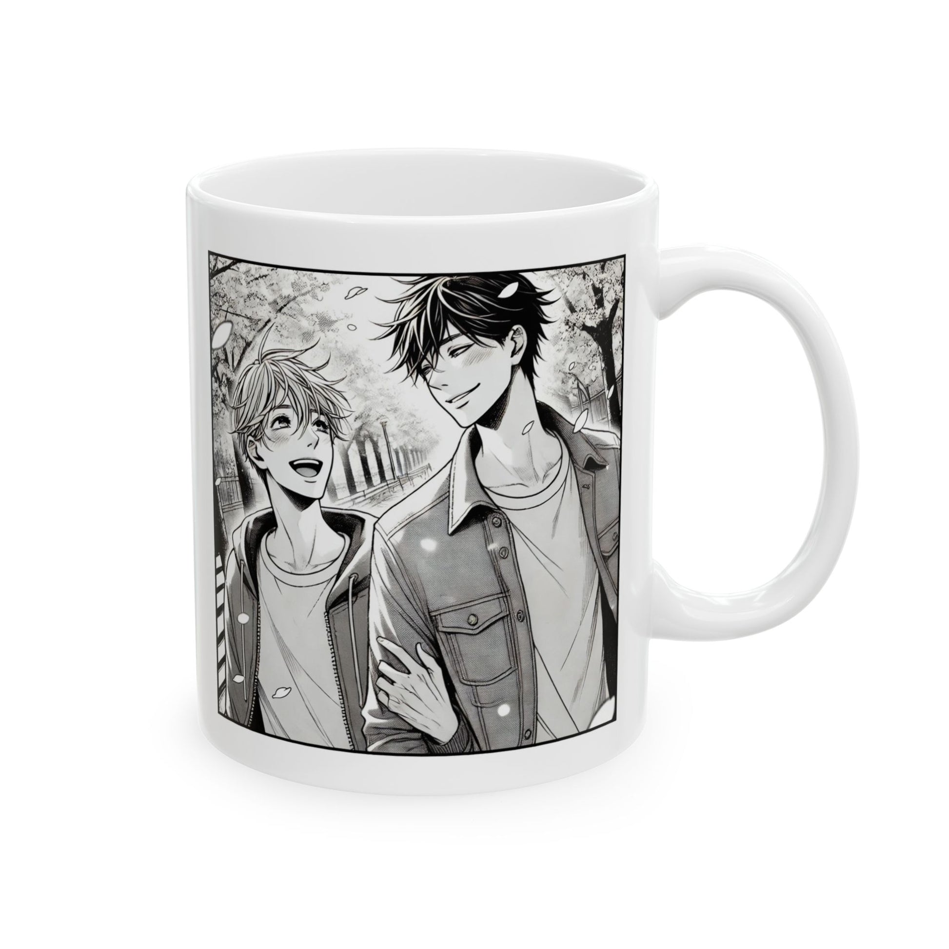 Yaoi manga mug featuring two smiling boys walking under cherry blossoms in a soft grayscale illustration — perfect for BL and slice-of-life lovers.